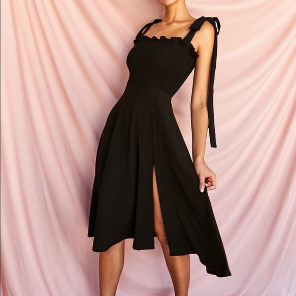 House of CB ‘Carmella’ Black Shirred Midi Sundress